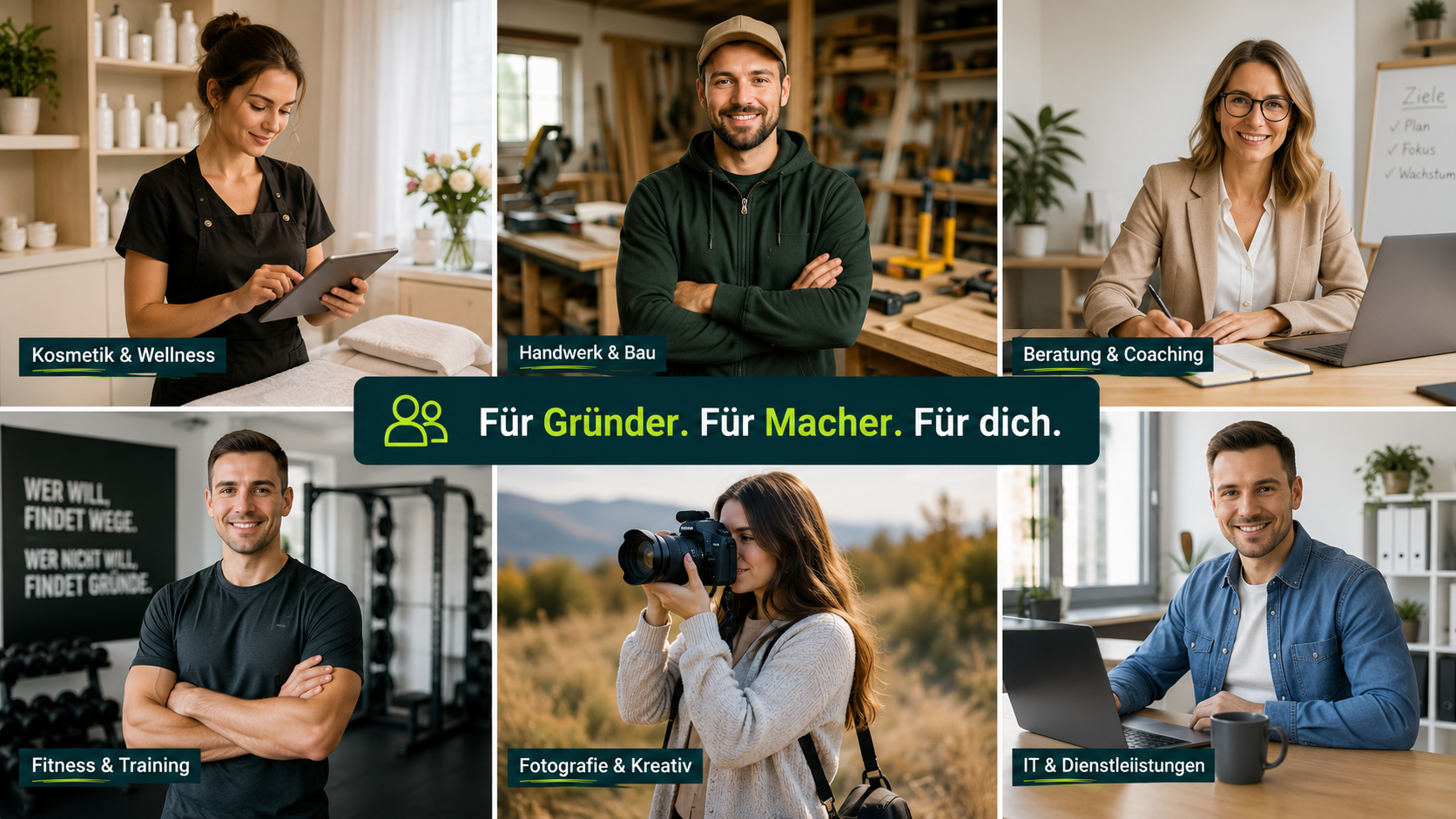 Zielgruppen für das Gründerpaket wie Handwerk Beratung Wellness Fitness und Dienstleistungen