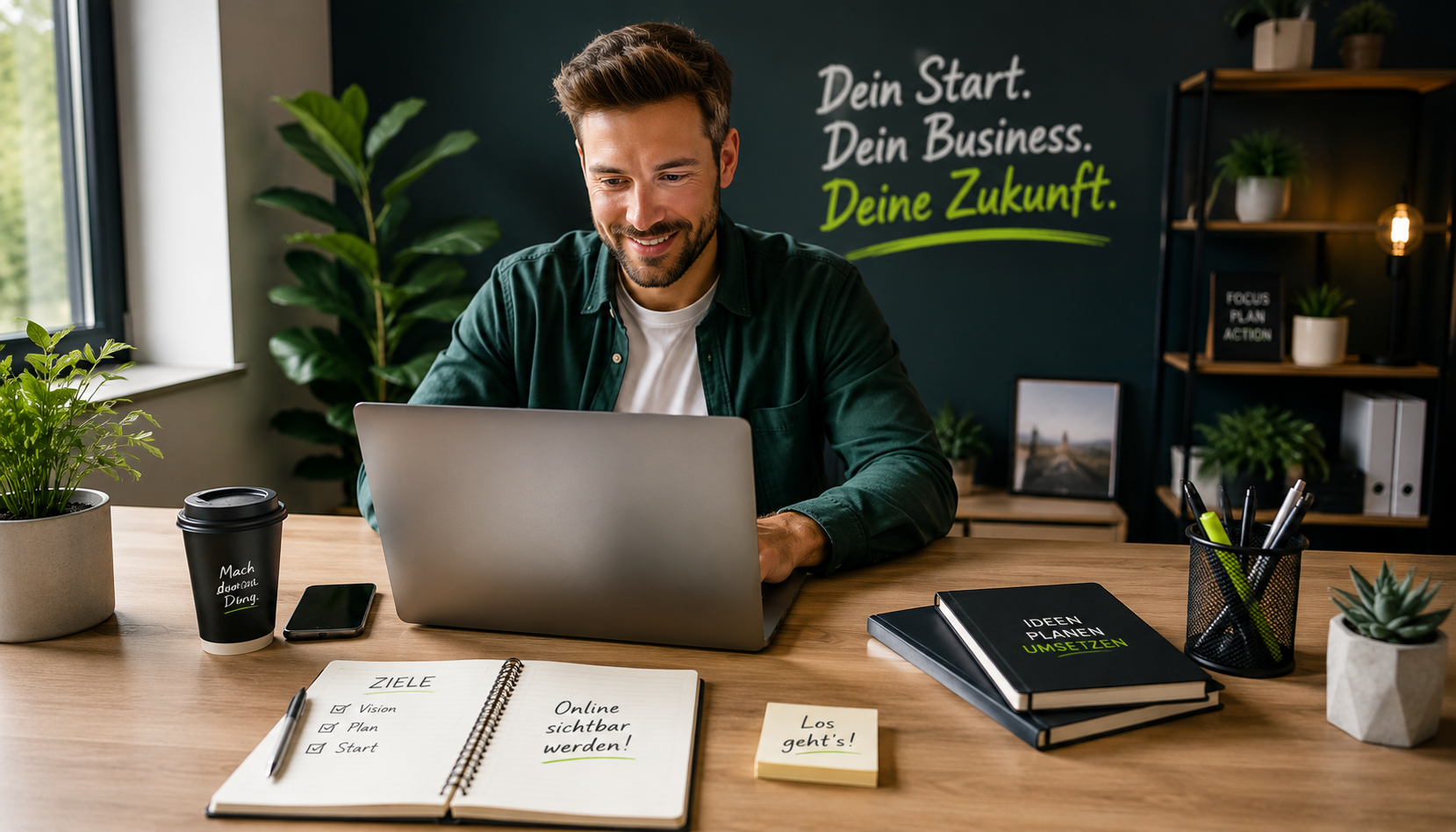 Gründer arbeitet am Laptop und startet seine professionelle Online-Präsenz
