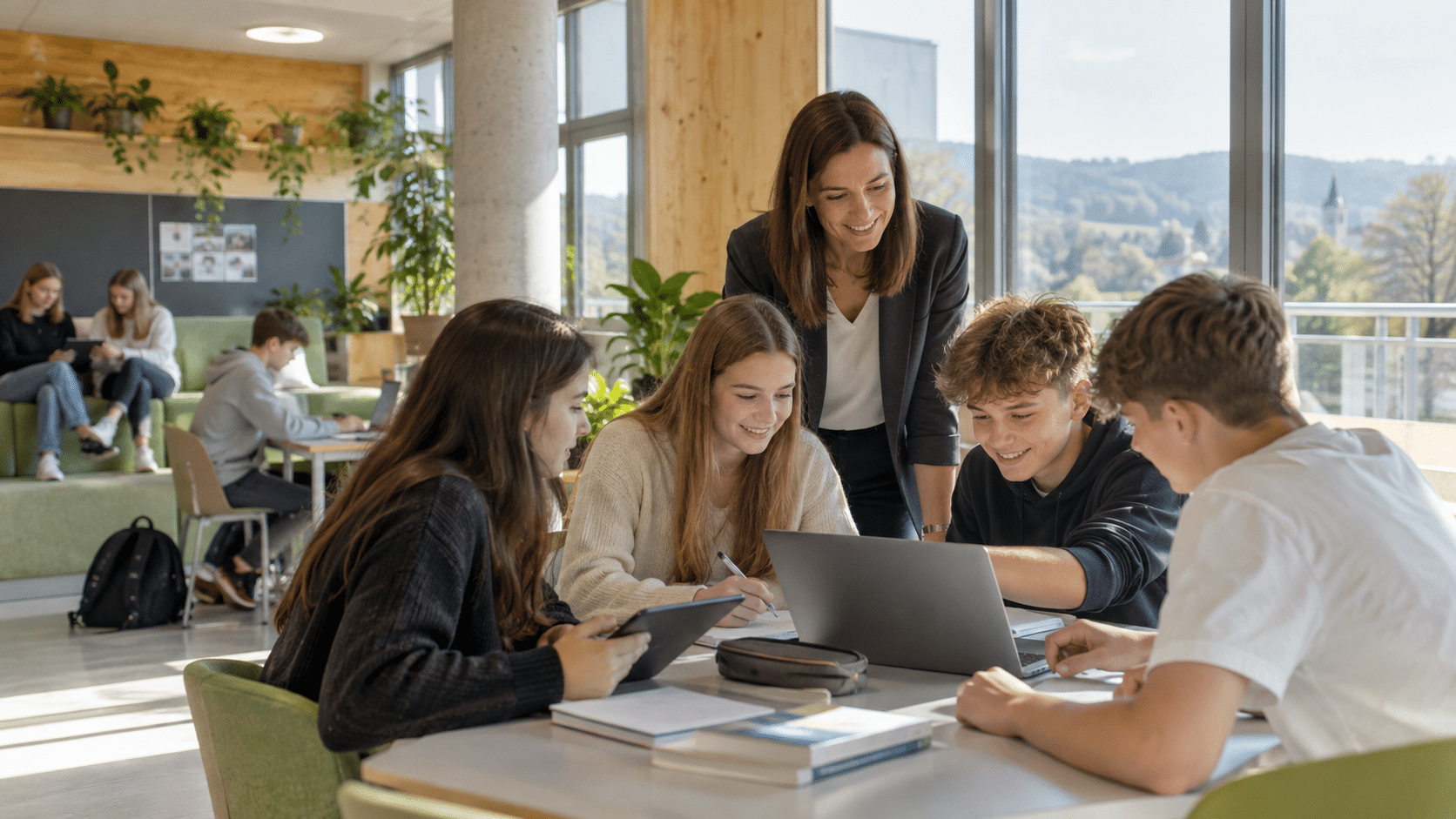 Modernes Lernumfeld: Lehrkraft und Schüler:innen arbeiten gemeinsam an Laptops und Tablets in einem hellen, offenen Schulraum